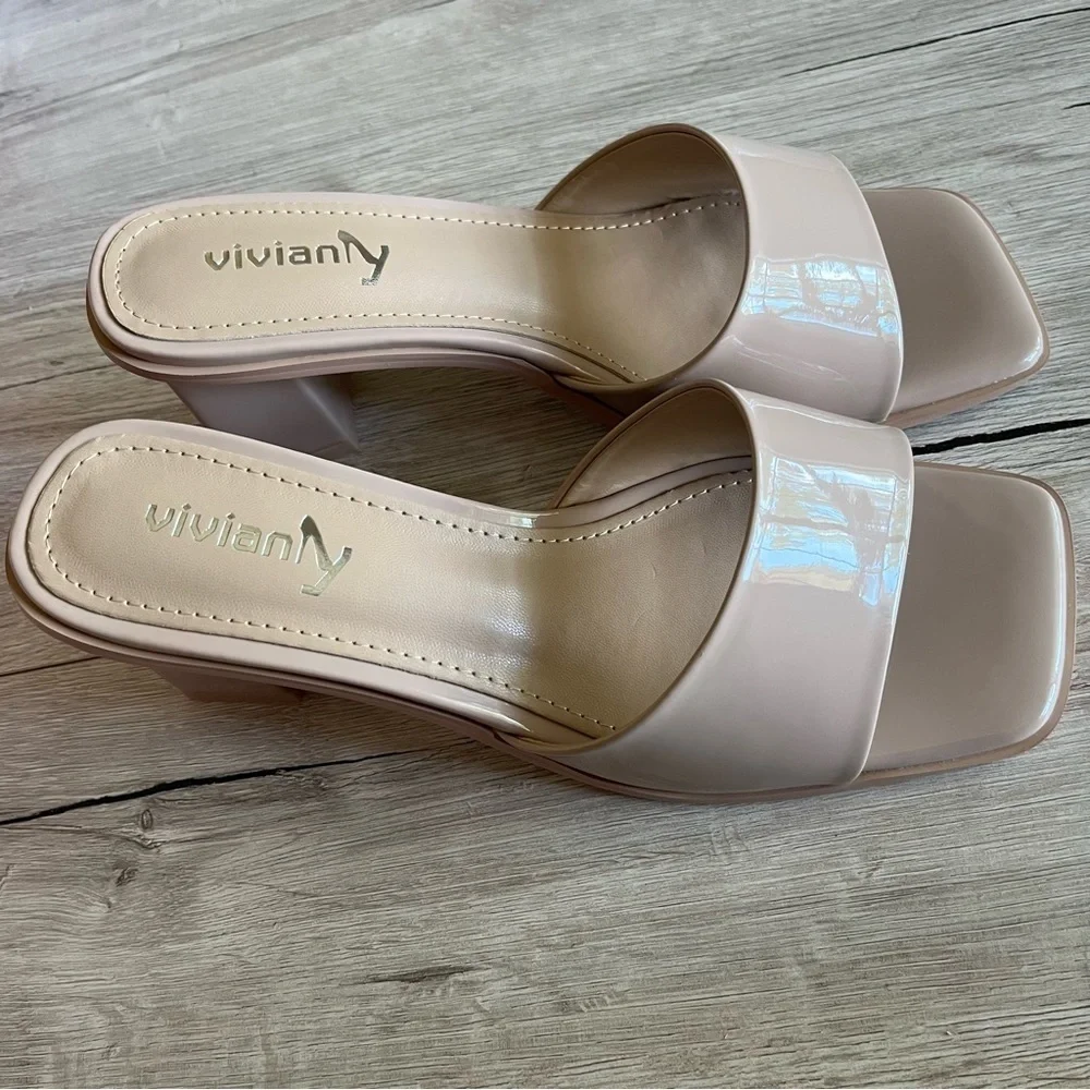 VIVIANLY✨ Square Toe Slide Heels Beige Nude Brand New